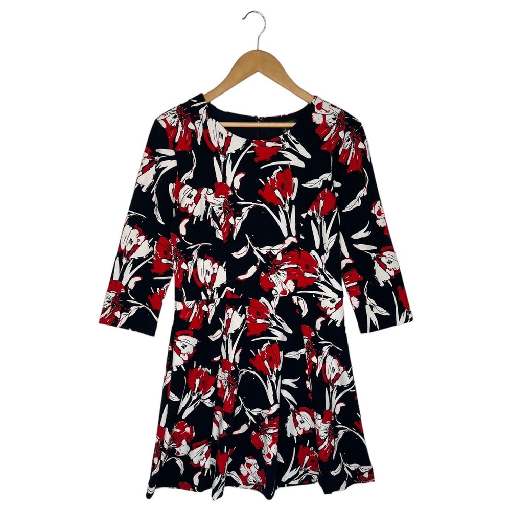 Banana Republic Dress Womens 8 Floral Fit Flare Career Lined Scoop Neck Navy